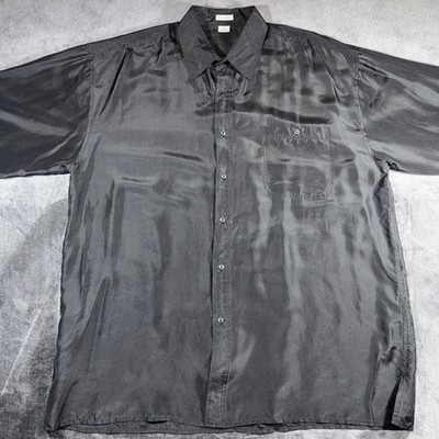 Kikomo Mens XL Black 100% Silk Long Sleeve Button Up Shirt Chest Pocket Collared