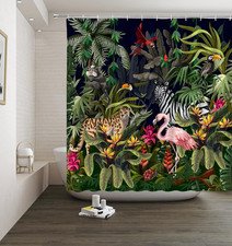 Rainforest Animal Shower Curtain Tropical Jungle Forest Leopard Flamingo Zebr...