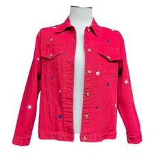 The Quacker Factory Denim Jacket Stars Rhinestones Red Small