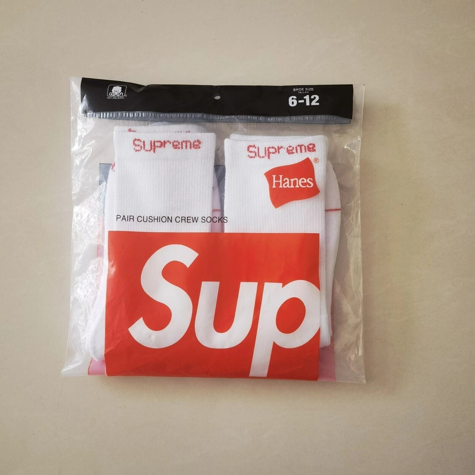 Supreme X Hanes Crew Socks - White, 4 Pack, Size 6-12
