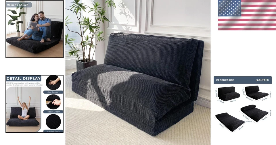 Acogedora bolsa de frijoles cama 54x95 pulgadas tela negra con cable ideal para dormir la siesta y descansar Foto 2 de 4