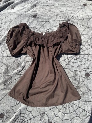 Vintage Top Blouse M Brown Lace Ruffle Peasant Prairie Cottage Boho Gypsy USA
