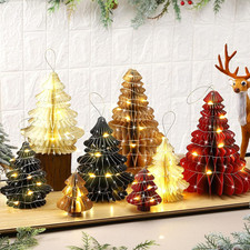 8 Pcs Paper Christmas Honeycomb Trees Centerpiece LED Lighted Honeycomb Christma