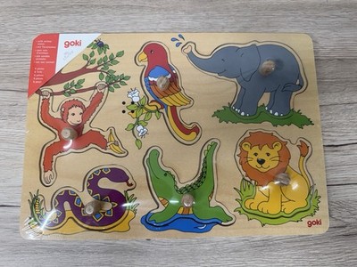 Goki 57862 - Zootiere, Tierstimmensteckpuzzle Tiere 6 Teile aus Holz NEU