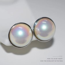 SeaShell MABE Pearl Stud Earrings Japanese White 14k White Gold-Plate Silver