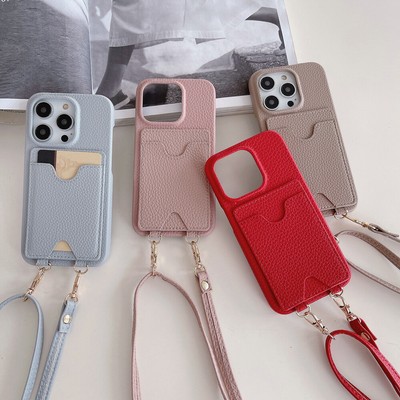For iphone 15 14 Plus 13 12 11 Pro Max Card Pocket Leather Lanyard Phone Case