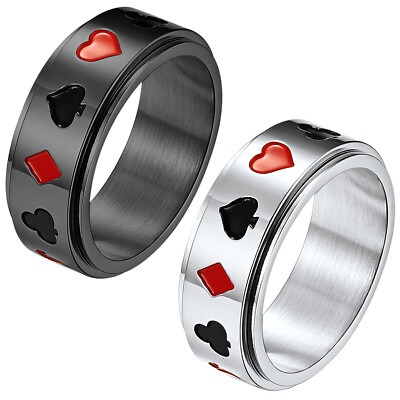 Men Women Lucky Poker Spinner Fidget Ring Stainless Steel Anxiety Rotate Band
