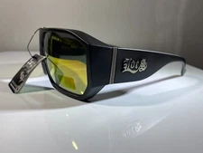 men's hexagonal shaped sunglasses with black frame and yellow reflective lenses