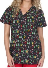 NWT Women's Small Christmas Holiday Faith Print I Love Scrubs Scrub Top