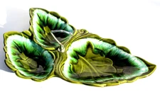 Vtg GREEN California Pottery Santa Anita Ware 3 Leaf Bowl Serving Dish W/ Handle