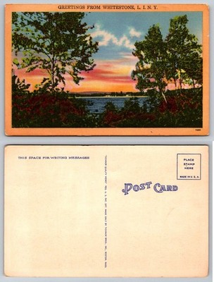 Vintage Tichnor Linen Postcard Whitestone L.I. NY Sunset Water View