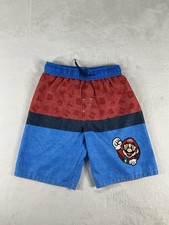 Super Mario Boys Swim Trunks Size 7 - Red Blue Stripe Board Shorts - UPF 50