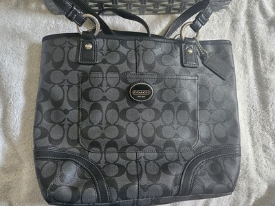 Coach Signature C Logo Gray/Black Medium Tote Bag Zip Closure Silver Hardware