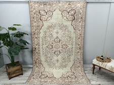 Vintage Turkish Rug Handknotted Wool Floral Bordered Area Rug 5x8 Ft