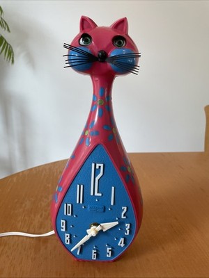MCM 1960s Spartus Pink Flower Power Cat Clock Model 11745 WORKING Animated Eyes