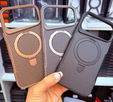 Magnetic Carbon Fiber Ring Stand Case For iPhone 17 Air 16 15 13 12 Pro Max 14 +