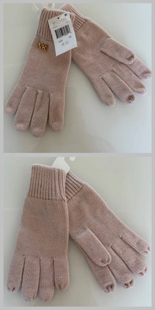 NWT OS Michael Kors Knitted Ribbed Pink Embellished Gold MK Logo Winter Gloves