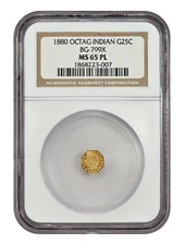 Cal. Fractional: 1880 25C NGC MS65PL (BG-799X) - California Fractional Gold