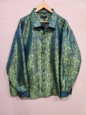 Barry Wang Shirt Mens 3XL Long Sleeve Paisley Print Green/Blue Color Shift