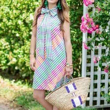 J. Crew Rainbow Gingham Tie Neck Dress