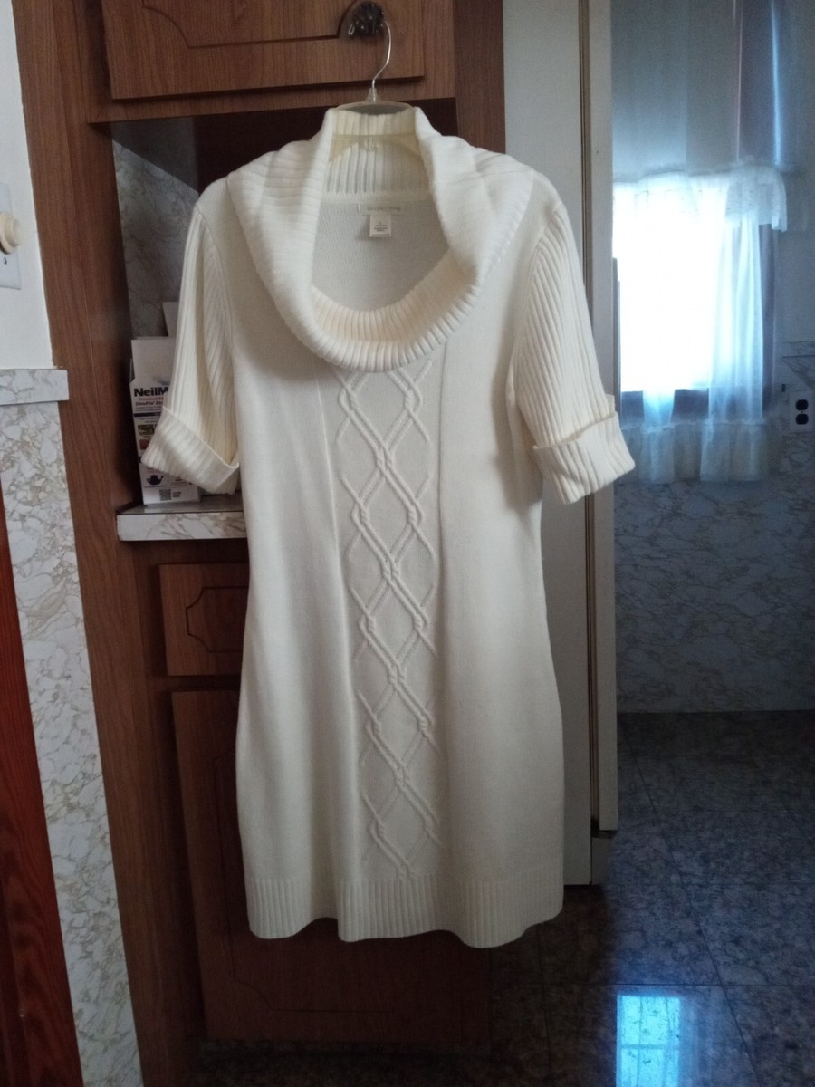 London Times Women's Sweater Dress Cream, Short Sleeve, Large, Cowl Neck