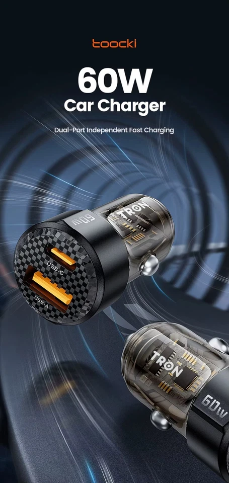 Carregador de carro TRON 2 portas PD USB C carregamento rápido 60W - Imagem 3 de 4