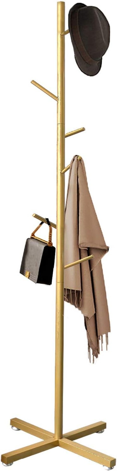 Modern Gold Metal Coat Rack with 7 Hooks Free Standing Hall Tree for Corner Hats and Jackets