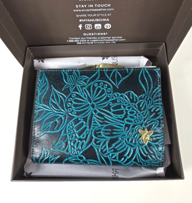Anuschka Hand Painted Tooled Leather RFID Two Fold Wallet Floral Butterfly