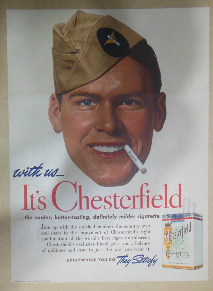 what are chesterfield bright cigarettes Chesterfield Cigarette Ad: Wartime for ABC Chesterfield from 1941 Size: 11  x 15