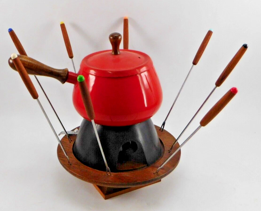 MCM Styson Woodcrest Porcelainize Steel Fondue Sterno Set Serve 8 Nice Condition