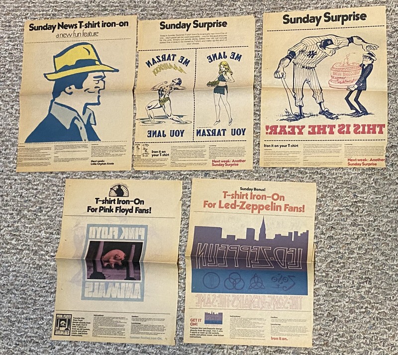 NY SUNDAY NEWS COLOR COMICS T-SHIRT IRON ON LOT OF 5! LED ZEP/FLOYD/YANKEES+MORE