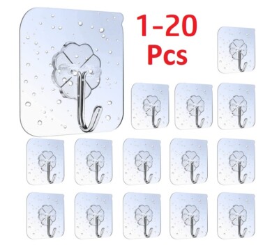 1-20 Hooks Self Adhesive Strong Sticky Heavy Duty Wall Seamless Transparent  Hook UK