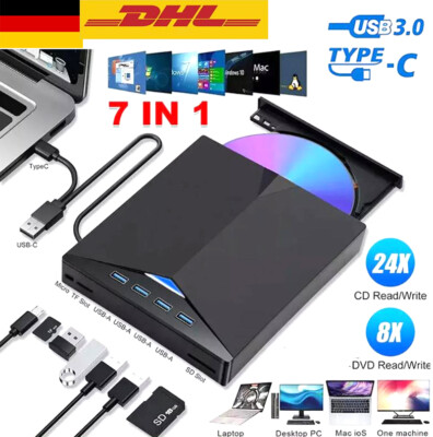 7 in 1 USB 3.0 Externes CD/DVD Laufwerk Brenner Player mit Type C für Laptop PC