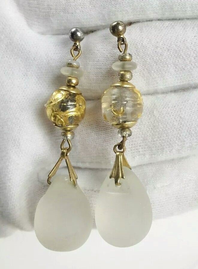 Elegant Vintage Gold Tone Frosted Glass Bead Dangle Earrings View 2