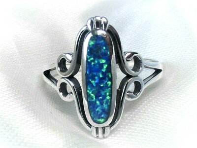 RING 925 SILBER Gr.20 Edelstein FEUER-OPAL lab. BLAU 14mm ! oval Cabochon