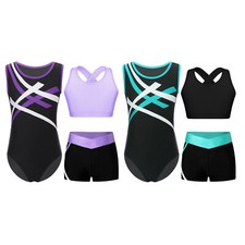 Kids Girls Outfit Dance Suit 3Pc Set Shorts Activewear Ballet Athletic Leotard