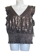 Nine West XL V-Neck Glossy Shimmer Brownish Black Smock Waist Flutter Sleeve Top