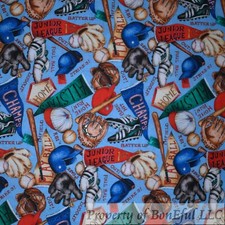 BonEful Fabric FQ Cotton Quilt Blue Red White American Boy Baseball Bat School L