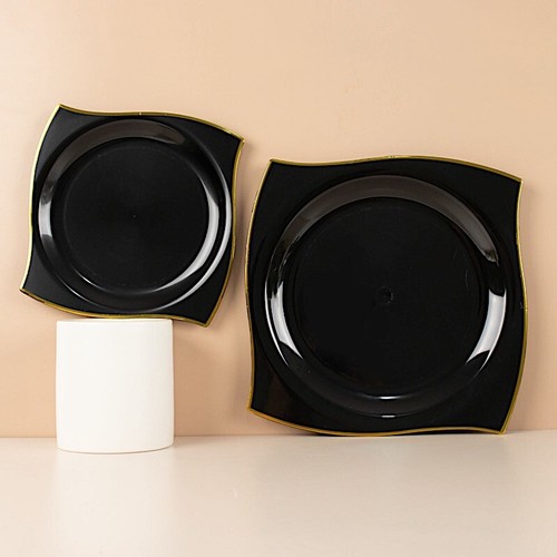 10 Square 10 in Disposable Salad Plastic PLATES Wavy Gold Trim Party Tableware - 第 5/17 張圖片