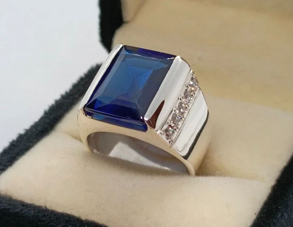 Anillo de topacio de plata esterlina 925 hecho a mano con topacio azul Londres de 12 quilates para hombre Foto 3 de 4