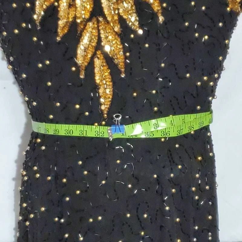 Vestido recto Alfred Angelo para mujer negro manga gorra cuello en V cuentas 100 % seda 12 Foto 4 de 4