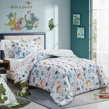6 Piece Twin Size Bed in a Bag, Colorful Dinosaur on Light Blue, Soft Microfi...