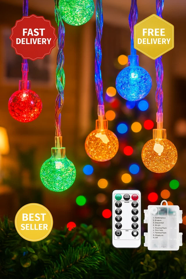 Crystal Globe String Lights Battery Operated - 17 ft 30 LED Xmas Fairy Lights - Image 2 of 4