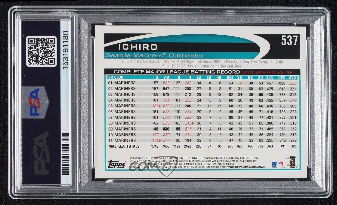 2012 Topps Gold Sparkle Ichiro #537 PSA 8 HOF view 2