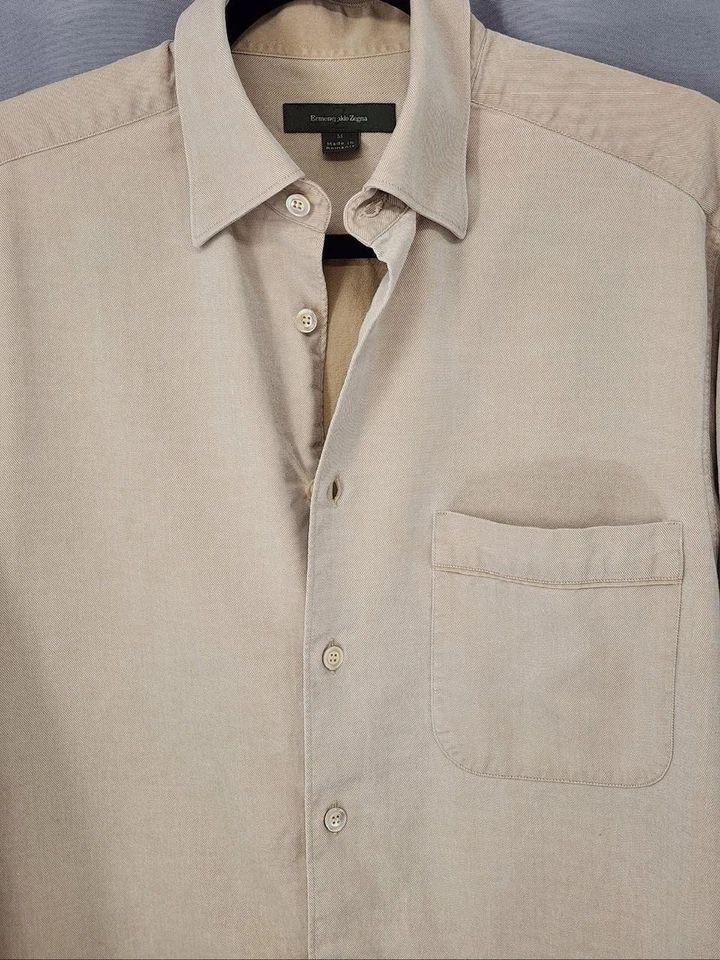 Camisa Ermenegildo Zegna Para Hombre Mediana Beige Manga Larga Botón Silenciosa Lujo Carrera Foto 2 de 4