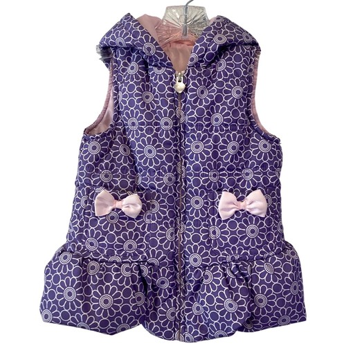 Girls Purple Floral Peplum Puffer Vest Hooded Bows Heart - Size 4