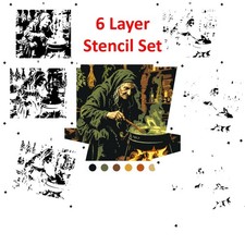 6 Layer Witch at Cauldron Stencil set template Ships worldwide Reusable many tim