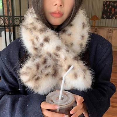 Women Warm Fluffy Faux Fur Collar Cross Scarf Scarves Winter Shawl Neck Wrap ;