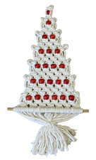 Vintage Macrame Christmas Tree White With Red Wooden Beads Dowel Ring 30x12 inch