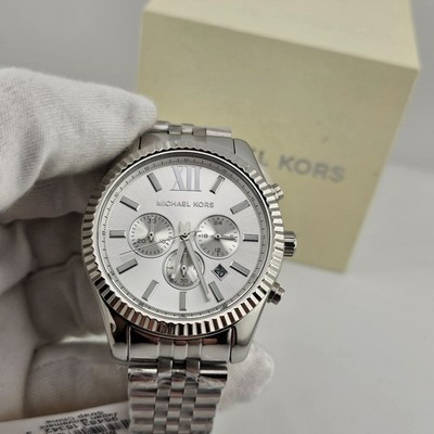 NEW MICHAEL KORS MK8405 MEN'S WATCH SILVER STRAP SILVER DIAL SILVER CASE